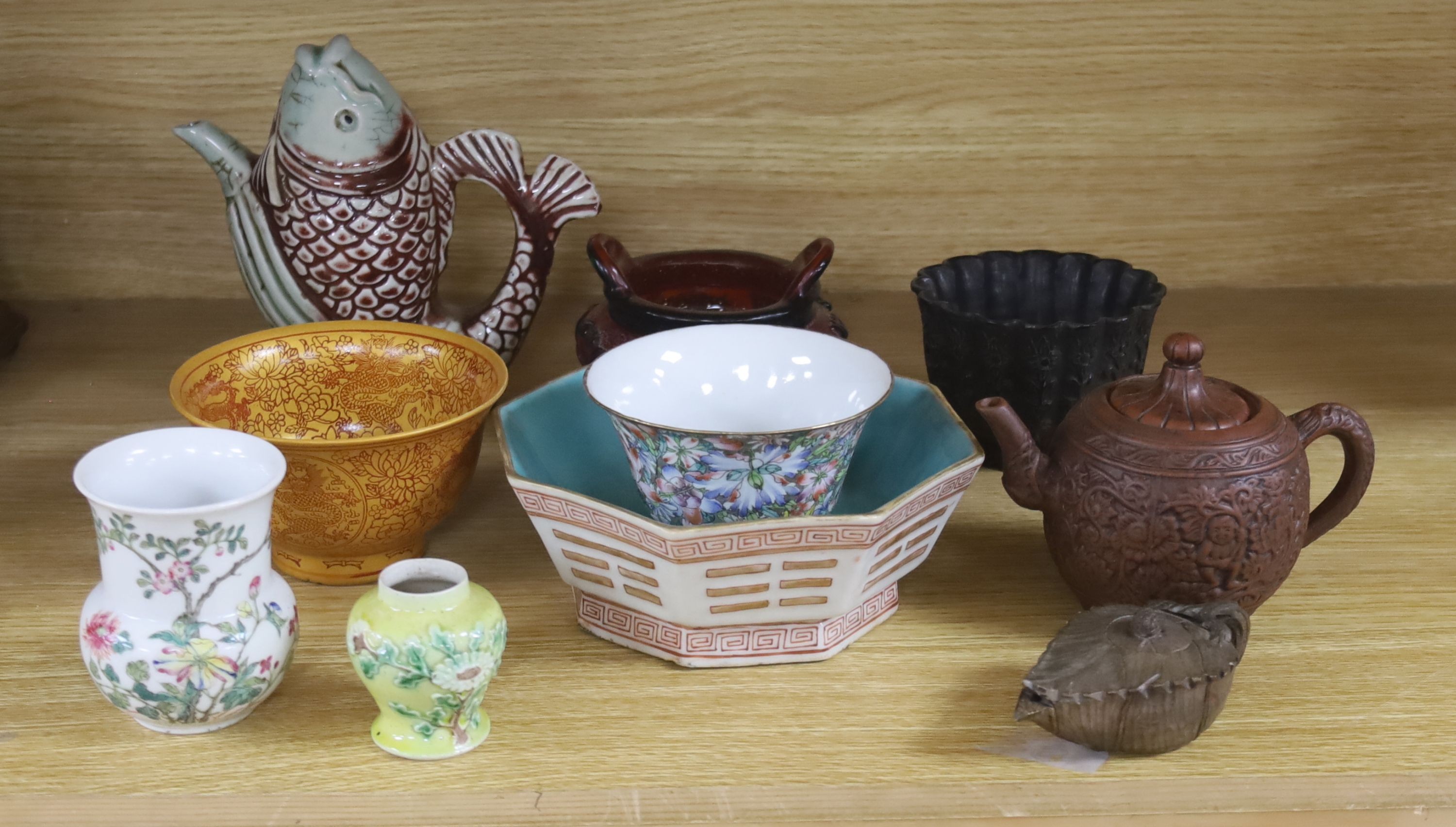 A Chinese small famille rose vase, a similar bowl, a Chinese eight trigrams bowl, Yixing teapot, two glass vessels etc